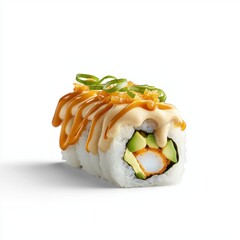 a sushi roll with spicy crab topping, fusion food theme, realistic photography, fiery tones, isolated on white background