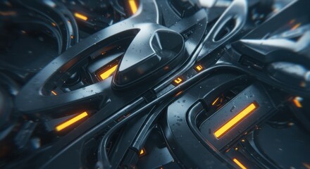 Abstract metallic forms glow intersect and float in a stylized futuristic composition