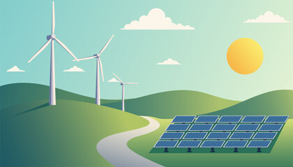Solar Panels Wind Turbines Green Landscape Clean Energy