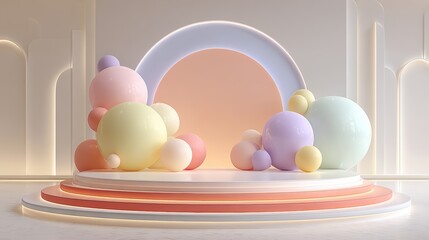 Fototapeta premium Stylish product podium with pastel geometric balloons and minimalistic decoration, abstract background for creative presentations