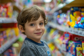 Generative AI image of a cheerful child enjoying a visit to a colorful toy store