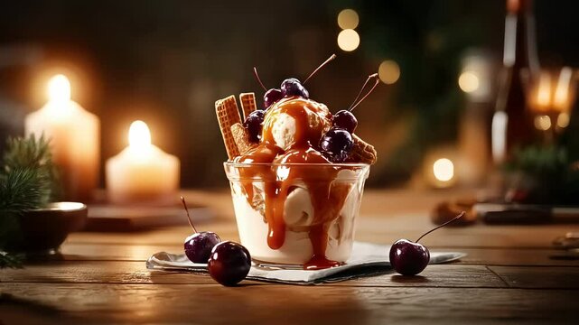 Camera rotating around an ice cream sundae covered with caramel cream and decorated with black cherries and wafers on a rustic wooden table, cozy Christmas setting with candles and pine needles