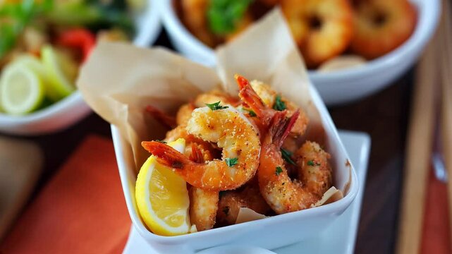 Camera looking around fried breaded shrimp served with lemon in an elegant white ceramic bowl, placed on a table with sauces and other dishes