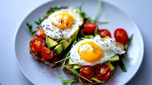 Two bruschettas with cereal bread, eggs, avocado, cherry tomatoes and rocket, served on a rotating white plate