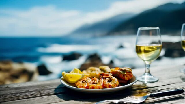 Camera rotation around a plate of succulent fried prawns served with lemon slices and a glass of white wine, placed on a wooden table by the sea, the waves in the background crash on the rocks