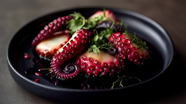 Camera rotation around a succulent marinated red octopus served on an elegant black ceramic plate, garnished with aromatic herbs, olive oil and red wine sauce