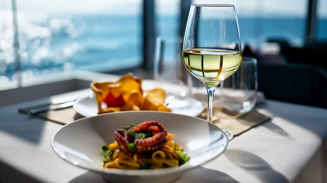 Camera looking around a plate of tagliatelle with octopus garnished with parsley, on a white plate, elegant table of a luxury restaurant by the sea, a glass of white wine to accompany the food