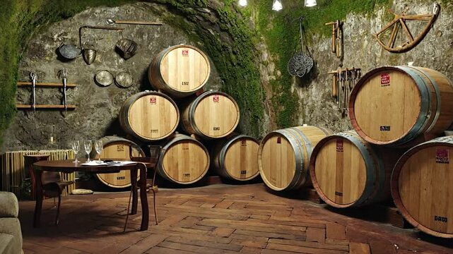 Wine barrels stacked in a rustic cellar;  historic wine storage