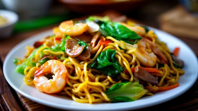 A classic wok dish of noodles with shrimp, mushrooms, seaweed and soy sauce, on a white ceramic plate, resting on a rotating bamboo placemat