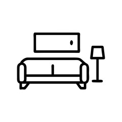 Living room icon in black outline. Interior design, furniture, home decor