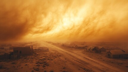 Dust storm engulfing desert town, road visible; apocalyptic scene