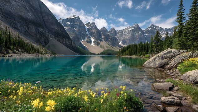 Serene turquoise lake nestled in Canadian Rockies with wildflowers and snow capped mountains