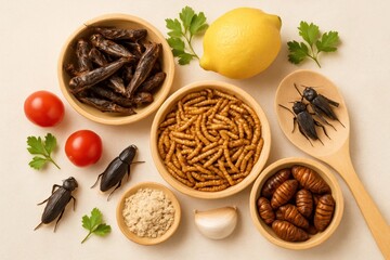 Insect protein, alternative food and protein source. Bugs on a plate