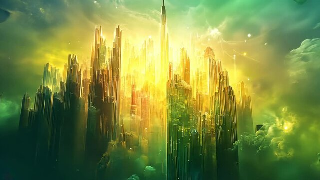 Golden city rising above vibrant green clouds
