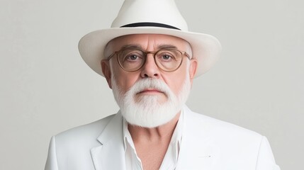 An elderly man with white beard wearing glasses and white hat, dressed in white suit, looking directly at camera, neutral background, and portrait concept.