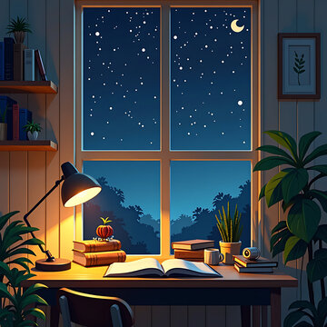 Serene Reading Nook Under the Stars: A tranquil desk, illuminated by a warm lamp, invites quiet contemplation. The scene exudes a calming ambiance of a peaceful night.