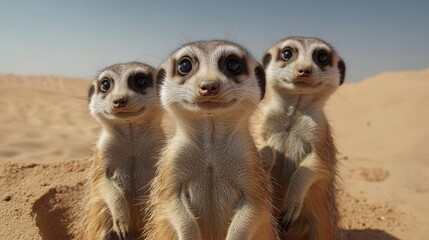 Fototapeta premium Three adorable meerkats in a desert landscape.