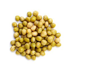 Canned green peas on white background.