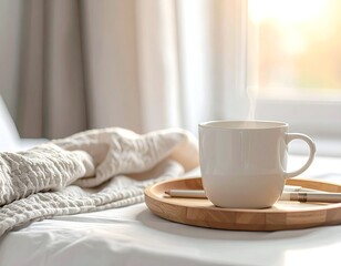 Fototapeta premium Warm Morning Coffee on Wooden Tray Beside Cozy Knit Blanket