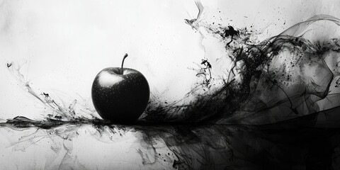 Elegant black and white ink scene disrupted by glowing apple