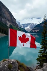 The flag of Canada against a backdrop of beautiful Canadian scenery. Mountains, lakes, beautiful postcard in honor of the holiday.