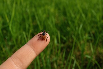 Obraz premium Macro image of a tick on a human finger with green grass background, illustrating danger of tick bites outdoors.