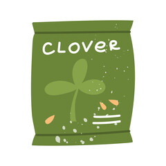 package of clover grass seeds. A flat doodle with a texture. It is suitable for packaging, posters, stickers, decoration of garden products, blogs and flower shops. Spring, planting in the soil
