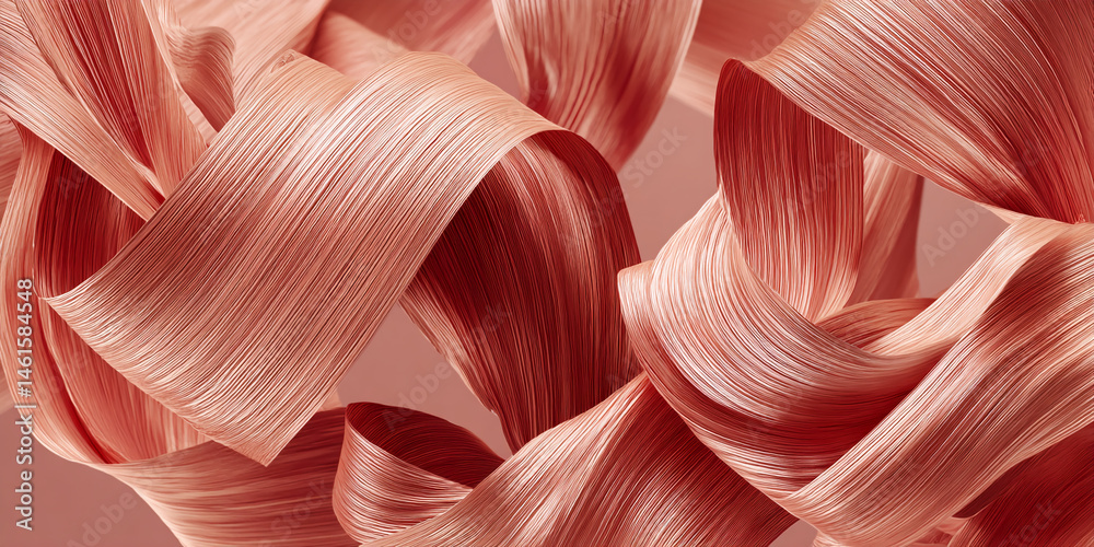 Poster Abstract image of flowing, peach-colored fabric ribbons creating a dynamic, swirling pattern, suggesting movement and elegance, ideal for design backgrounds