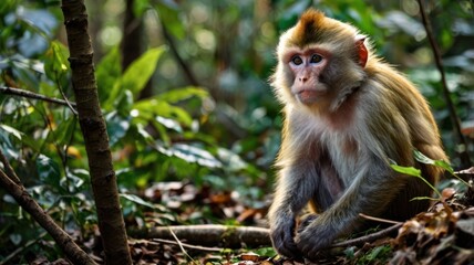 Obraz premium A monkey sits thoughtfully in a lush forest