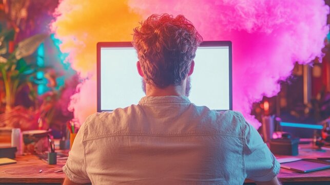 Man Working on Computer Back View Colorful Smoke Background Creative Studio