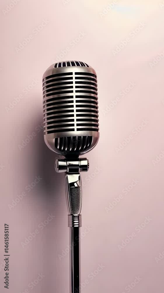 Poster multiple views of a classic microphone illuminated by spotlights on a dark stage, creating a dramati