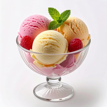 Boules de glaces aux parfums vari&eacute;s dans une coupe en verre. Isol&eacute; sur fond blanc. Custom AI Model