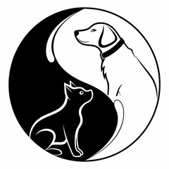 Obraz premium Yin Yang Dog and Cat Design Balance Harmony Pet Love in Monochrome Circular Art Stylish Black and White Vector