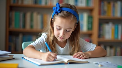 Young girl studying in library with blue headband focused on homework