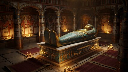 Obraz premium Ancient Egyptian Tomb Entrance with Carved Hieroglyphics Featuring Ankh Symbols and Eye of Horus Motifs in a Sandy Desert Landscape under Clear Blue Sky Illuminated by Warm Natural Daylight