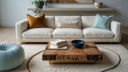 Generative AI, Modern Studio Living Room with Boucle Sofa and Walnut Table