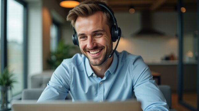 Smiling customer support agent with headset in modern office environment