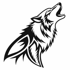 Obraz premium Powerful howling wolf head tribal style graphic art design black and white vector illustration bold lines fierce animal