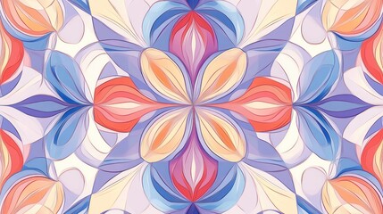Abstract floral pattern with pastel colors, symmetrical design, and flowing lines.