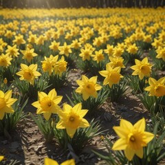 Fototapeta premium Sunlit field of vibrant yellow daffodils, petals gleaming , natural, botany