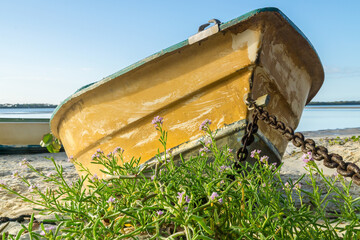 Ground level view of an old row boat chained up on the beach