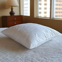 Obraz premium Luxurious white pillow resting on a pristine bed, bathed in soft, natural light. Evokes feelings of comfort, serenity, and relaxation. Ideal for hospitality, travel, or home décor.