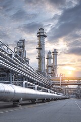 Obraz premium Industrial complex with towering pipes and structures at sunset, showcasing energy production