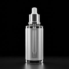 Modern frosted glass dropper bottle for a cosmetic product in a studio setting. Empty bottle showcased against black background.