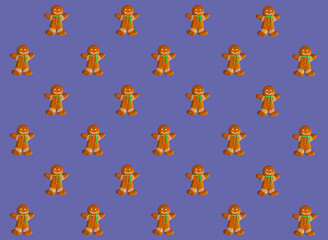 Christmas cookies pattern. Green seamless background. Winter holidays dessert ornament. Gingerbread man collection creative arrangement. Minimal new year concept.