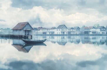 Fototapeta premium A calm lake scene with a small boat floating near a traditional fishing village