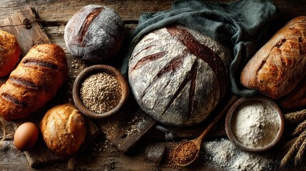 Rustic artisan breads with nutritious grains displayed on wooden table, perfect for organic food promotion