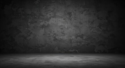 Dramatic dark gray textured wall  floor converge in a stagelike scene