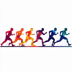 a relay team finishing a race together, baton in hand, dynamic pose, vibrant colors, isolated on white background