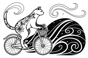 3 Cat riding bicycle, intricate floral patterns, starry night sky, swirling designs, black and white illustration, ornate details, whimsical, fantasy art, decorative cat fur, bicycle with basket, flow